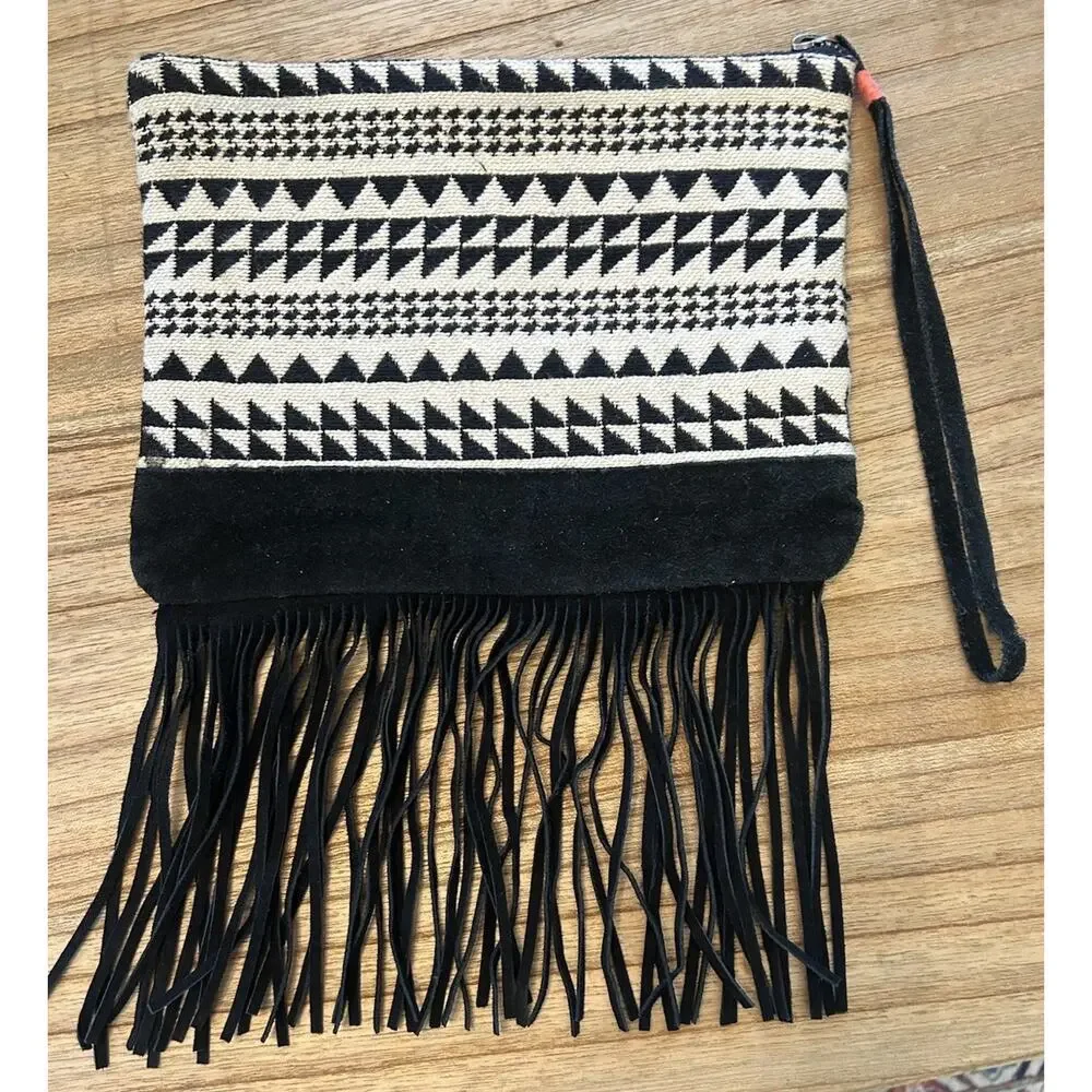 American Eagle Outfitters Southwestern Print Black Suede Wristlet Festival Purse